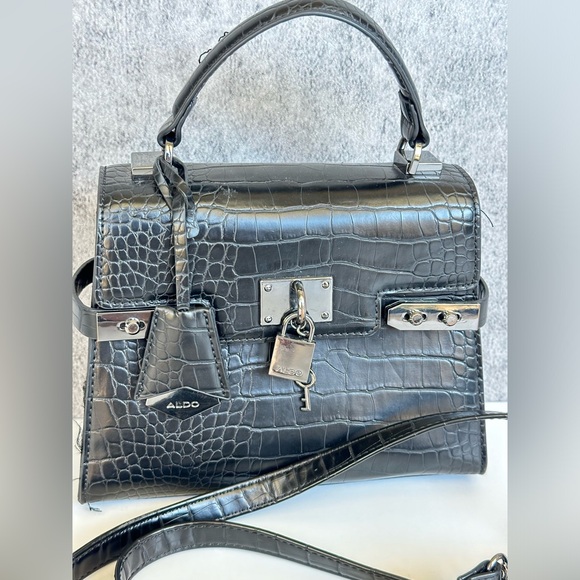 ALDO Black Croc Embossed Structured Satchel with Lock Detail - Picture 2 of 4